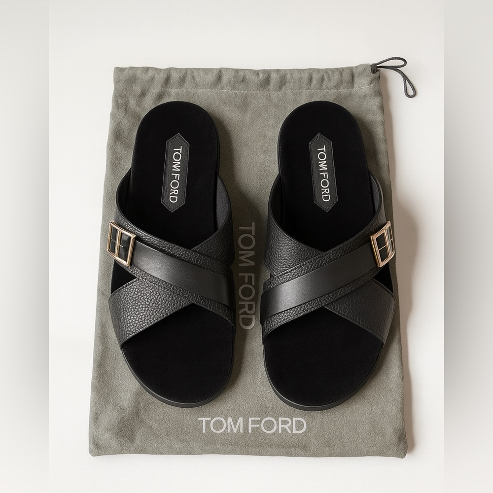 Tom Ford Black Slide Sandals with Gold Buckle